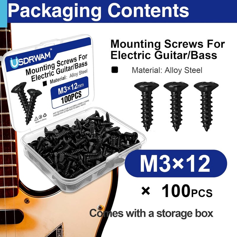 Usdrwam 3mm Electric Guitar Bass Pickguard Screws, for Fender Telecaster, Stratocaster, Jazzmaster, and Gibson Les Paul, SG, 100 Pcs - Image 3